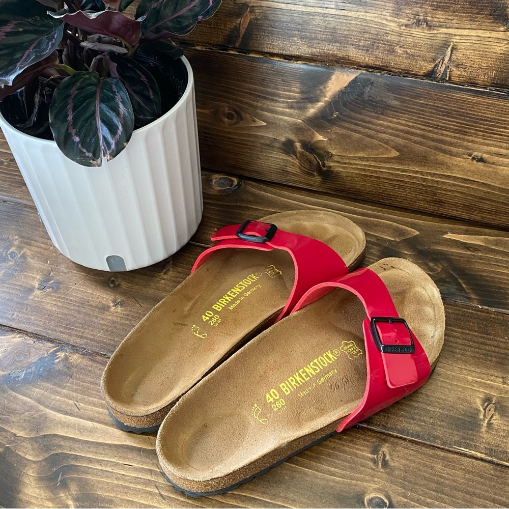 Birkenstock Red Single-Strap Madrid Sandals with Black Buckles